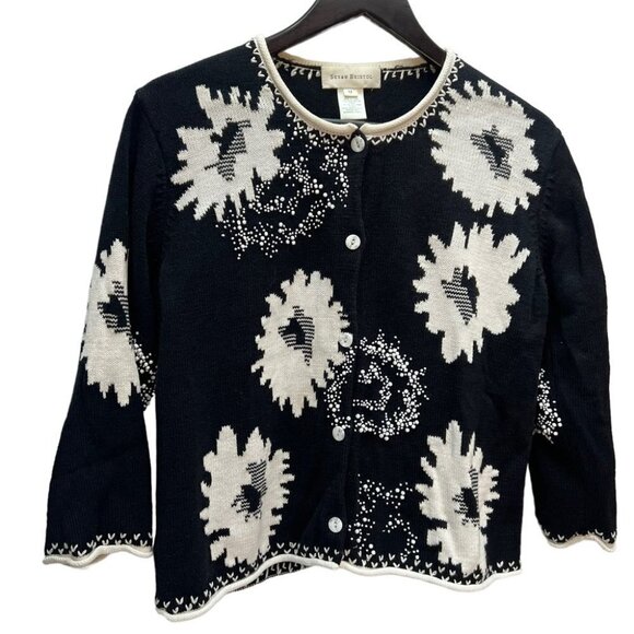 Rare! Vintage Black Floral Beaded Button Front Cotton Cardigan Sweater Size M - Picture 2 of 10
